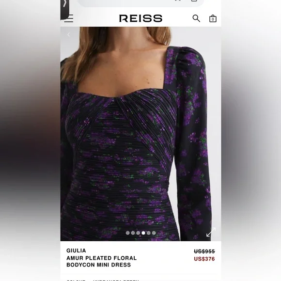 AMUR by Reiss Giulia Mini Dress - Size 4 Elegant Black and Purple Floral Dress - Picture 4 of 14